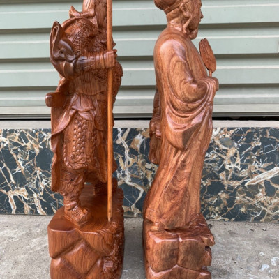 Cặp văn võ song toàn, khổng minh ,quan công  bằng gỗ hương đá kt cao 20×9×8cm