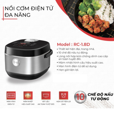 Nồi cơm điện tử Rapido RC-1.8D cao cấp, 10 chức năng, cảm ứng, bảo hành 12 tháng - Hàng chính hãng