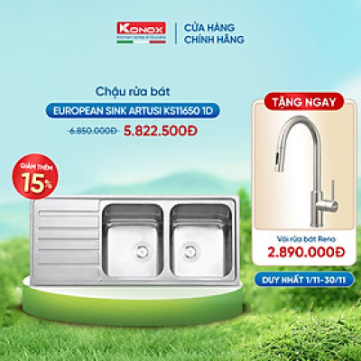 Chậu rửa bát Konox, European Series, Model Artusi KS11650 1D , Inox 304AISI tiêu chuẩn châu Âu, 1160x500x215(mm), Hàng chính hãng