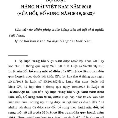 Bộ luật hàng hải Việt Nam năm 2015 (sửa đổi, bổ sung năm 2018, 2023) bản in 2024