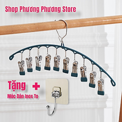 Móc phơi quần áo inox có khóa móc treo chắc chắn - 10 kẹp được phủ nhựa chống sầy xước khi phơi đồ ( tặng móc dán inox to ) Hàng Cao Cấp 