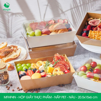 MFHP4N - 20.5x15x6 cm -100 hộp giấy kraft thực phẩm màu nâu nắp Pet, hộp giấy chữ nhật đựng thức ăn, hộp bánh nắp trong
