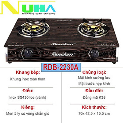 Bếp ga đôi kiếng cường lực Raiden RDB2230A, đầu đốt đồng mũ K38, kiềng men 5 ly-Hàng chính hãng