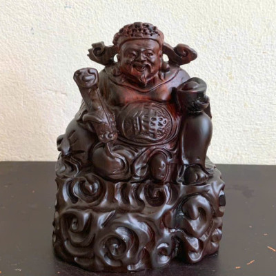 Tượng thần tài bằng gỗ trắc đỏ đen kt 15×13×8cm 