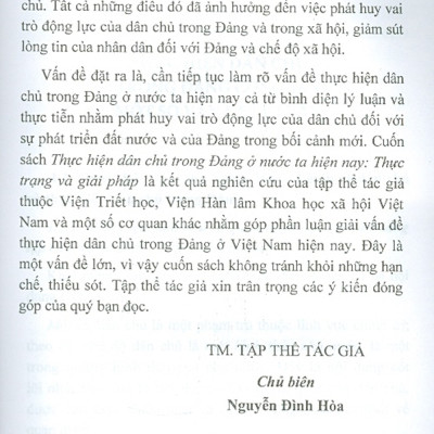 Thực Hiện Dân Chủ Trong Đảng Ở Nước Ta Hiện Nay - Thực Trạng Và Giải Pháp (Sách Chuyên Khảo)