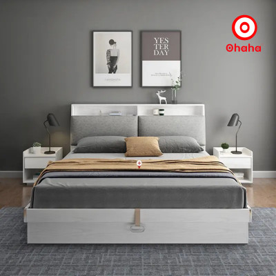 [Miễn phí vận chuyển & lắp đặt] Giường ngủ thông minh cao cấp bọc nệm đầu giường có hộc kéo gỗ công nghiệp Ohaha - GN018