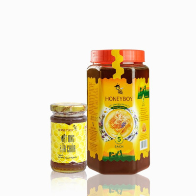 Mật ong thiên nhiên 5 sạch Honeyboy 1kg và Mật ong sữa chúa Honeyboy 100ml