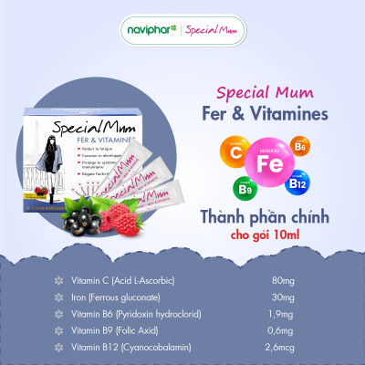 Sắt nước Special Mum Fer et Vitamines Bổ sung sắt hữu cơ và vitamin, phòng ngừa thiếu máu thiếu sắt, giảm mệt mỏi cho phụ nữ mang thai và sau sinh. - 10ml x 20 gói