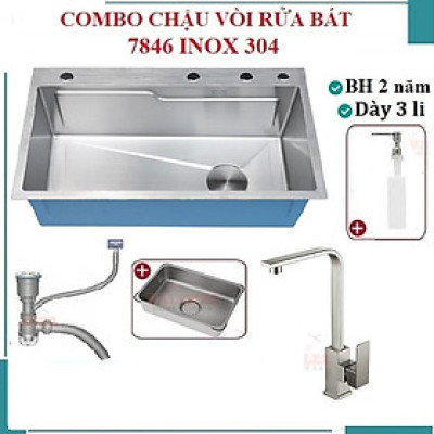 Combo chậu rửa chén bát 1 hố lớn Valenza 7846 inox sus304 chuẩn 100% kèm vòi rửa bát dáng Vuông Valenza sus304, bộ xả to ngăn mùi, khay inox kín-TẶNG BÌNH NƯỚC RỬA CHÉN