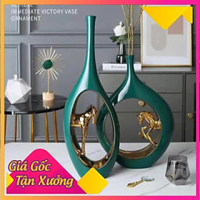 Bộ Tượng Để Bàn Hình Cổ Vịt Màu Xanh, Gốm Bát Tràng,  Lọ Hoa Decor