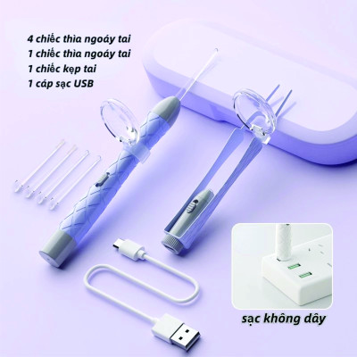 Bộ Lấy Ráy Tai, ngoáy tai có đèn kèm đầy đủ phụ kiện, Mới Nâng Cấp Nhẹ, An Toàn Không Đau, Thiết Kế Cho Em Bé Tặng kèm 4 đầu ngoáy tai