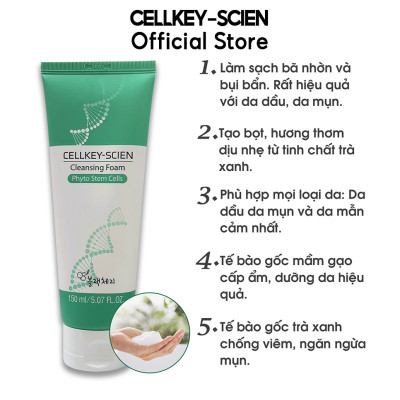 Combo 2 Kem Rửa Mặt Tế Bào Gốc Trà Xanh Kiềm Dầu Làm Sạch Sâu Dưỡng Ẩm Da Dầu Mụn Nhạy Cảm Cellkey-Scien Cleansing Foam Phyto Stem Cells 300ml