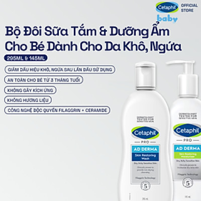 Bộ Sữa tắm dưỡng ẩm cho viêm da cơ địa Cetaphil Pro AD Derma Wash 295ml + Sữa dưỡng ẩm dịu lành cho viêm da cơ địa CETAPHIL PRO AD DERMA SKIN RESTORING MOISTURIZER 145ml