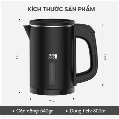 Ấm Siêu Tốc Mini Lebenlang LBL2318, 800ml, Inox, Công Suất 1000W, Tự Ngắt, Đèn Báo, Nhỏ Gọn - Hàng chính hãng