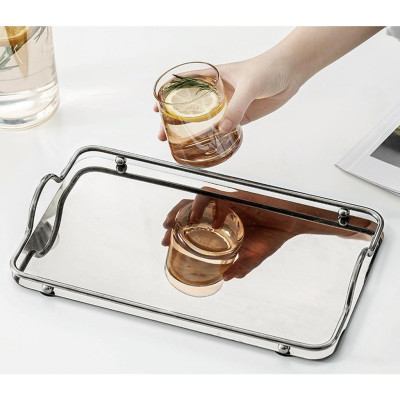 Khay kệ đựng ấm chén cốc tách ly bình nước bằng inox vàng hồng đẹp cao cấp chữ nhật 34x20cm