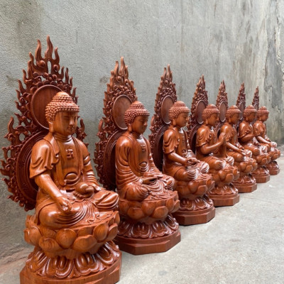 BỘ ĐIÊU KHẮC TƯỢNG PHẬT THẤT PHẬT DƯỢC SƯ BẰNG GỖ HƯƠNG ĐÁ KT CAO 50×25×26CM + LÁ CHẮN HÀO QUANG CAO TỔNG 60CM 