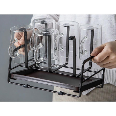 GIÁ ÚP LY CỐC CHỮ NHẬT KÈM KHAY HỨNG NƯỚC BẰNG KIM LỌI SƠN TĨNH ĐIỆN ĐEN CHỐC RỈ