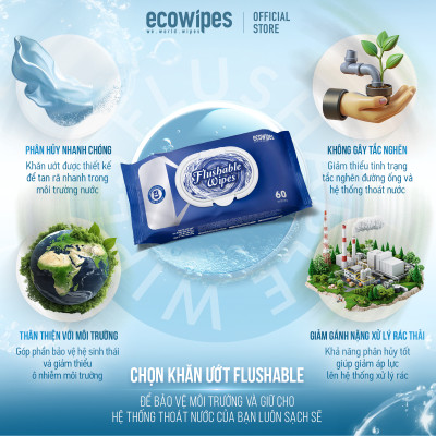Khăn Ướt Flushable EcoWipes Gói 60 Tờ Khăn Lau Vệ Sinh Tự Phân Hủy Trong Nước