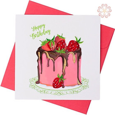 Thiệp Giấy Xoắn Mừng Sinh Nhật Bánh Kem Dâu Size 15x15cm