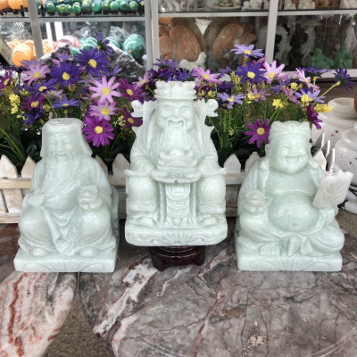 Bộ combo ông Thần Tài Thổ Địa và ông Thần Tài kim tiền phong thủy chiêu nạp tài lộc đá cẩm thạch trắng xanh - Cao 15 cm