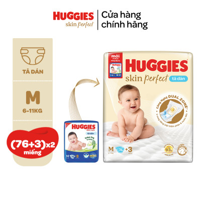 Combo 2 Tã/bỉm dánHuggies Skincare Super Jumbo M76+3/L68/XL60/XXL54