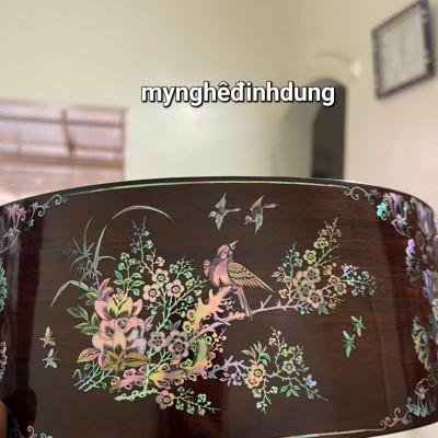 Tráp tròn gỗ trắc khảm ốc đỏ kt mặt tròn 30 cao 11.6cm 