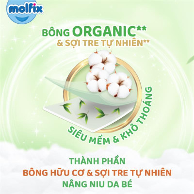 Miếng lót sơ sinh Molfix Thiên nhiên Super Jumbo Newborn 2 (trên 1 tháng tuổi) - Gói 60+6 miếng