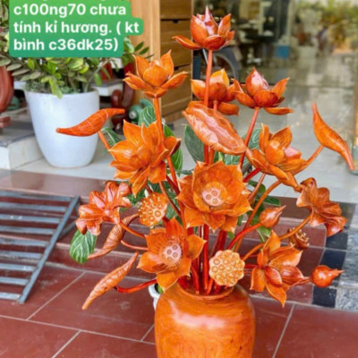 2 bình hoa sen 25 bông phong thủy trang trí phòng khách phòng thờ bằng gỗ hương đá cực đẹp 