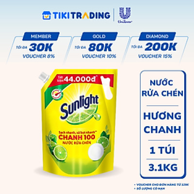 Nước Rửa Chén Bát Sunlight Chanh 100 Sạch Nhanh Xả Bọt Nhanh Rửa Sạch Dầu Mỡ Túi 3.1KG