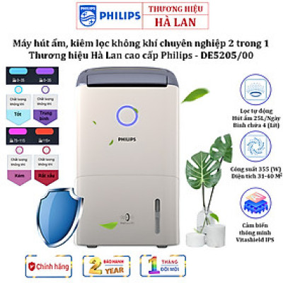 Máy hút ẩm kiêm lọc không khí cao cấp Philips DE5205/00 Cảm biến chất lượng không khí: 4 màu cho diện tích 31-40（㎡ ) - HÀNG NHẬP KHẨU