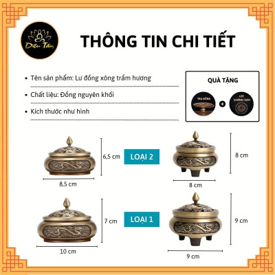 Lư đồng lư xông trầm hương trầm nụ cao cấp thiết kế tinh xảo tặng kèm trụ và lót chống cháy shop Diệu Tâm