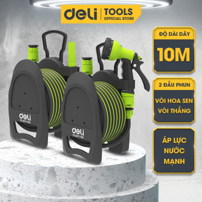 Bộ vòi nước tưới cây, rửa xe đa năng Deli dây dài 10m - Tặng kèm bộ phụ kiện đầu nối đa năng