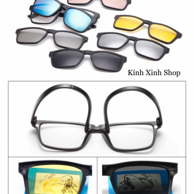 Set Kính Râm Cận, Gọng Kính Cận Râm Nam Nữ Mắt Vuông Gọng Nhựa Dẻo