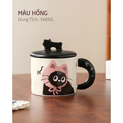 Ly Gốm sứ nắp sứ hình mèo đen siêu xinh