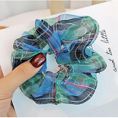 Dây buộc tóc Scrunchies vài voan kẻ mềm xinh xắn HD73
