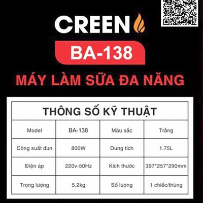 Máy làm sữa hạt Creen BA-138 Chống tràn, xay mịn không cần lọc, máy xay nấu đa năng – Hàng chính Hãng