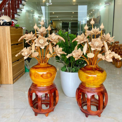 2 bình hoa sen gỗ hương đỏ ,trang trí phòng thờ ,phòng khách tuyệt đẹp, 25 cành ,hoa lá gương bằng gỗ ngọc am thơm phức 