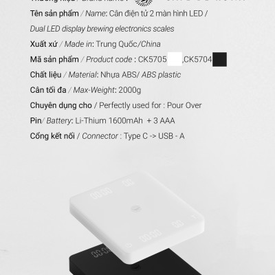 Cân điện tử GHOST 2 mặt cho pha chế cà phê đồ uống có đếm giờ CAFE DE KONA pin sạc