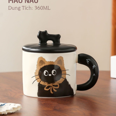 Ly Gốm sứ nắp sứ hình mèo đen siêu xinh