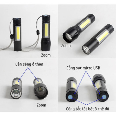 Đèn pin mini siêu sáng bỏ túi 2in1 có zoom xa gần kèm hộp đựng- Hàng chính hãng 