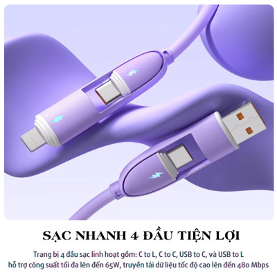 Dây cáp sạc nhanh 100W đa năng 4 in 1 USB-A / Type C ra Type C/ L cho iPhone iPad hiệu HOTCASE SiliFast trang bị Chip E-Market chống cháy nổ, truyền dữ liệu 480mbps - Hàng nhập khẩu