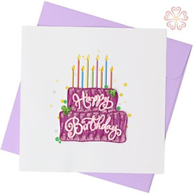 Thiệp Giấy Xoắn Chúc Mừng Sinh Nhật Hình Cái Bánh Size 15x15cm.