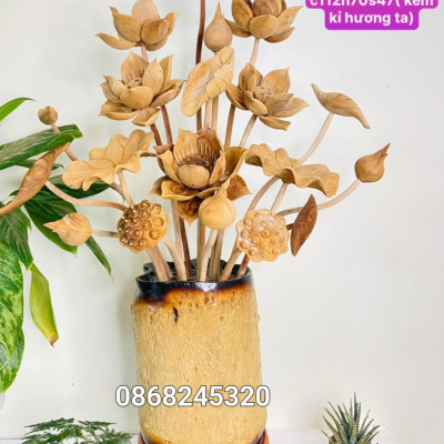 2 bình hoa sen 19 bông trang trí phòng khách ,phòng thờ , bình cắm hoa gỗ chiu liu ,hoa lá gương gỗ ngọc am thơm nức đẹp long lanh 