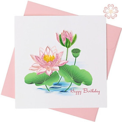 Thiệp Giấy Xoắn Chúc Mừng Sinh Nhật Hoa Sen Size 15x15cm