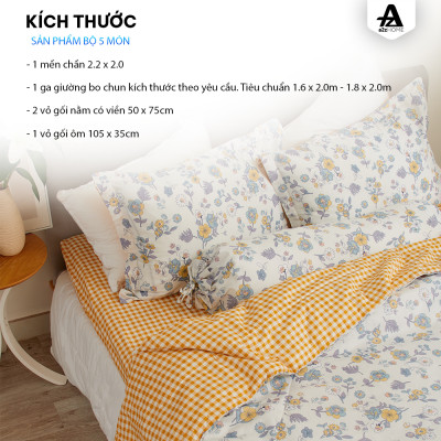 Bộ Ga Giường Mền Chần Bông 5 Món Tiny Flowers Mềm Mại 100% Cotton Tự Nhiên A2Z Home