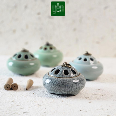 Lư Xông Nụ Trầm Gốm Sứ Nắp Đồng Hoa Văn - Dùng Đốt Nụ Trầm, Nụ Thảo Mộc Thuần Việt