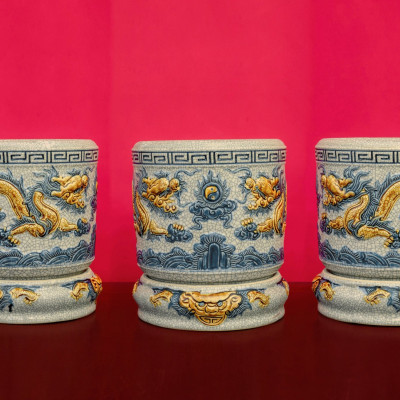 Bát Hương 12 - 14 cm Men Rạn Đắp Nổi Bát Tràng (Kèm Chân Đế)