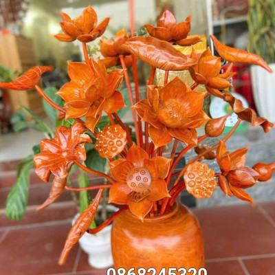 2 bình hoa sen 25 bông phong thủy trang trí phòng khách phòng thờ bằng gỗ hương đá cực đẹp 