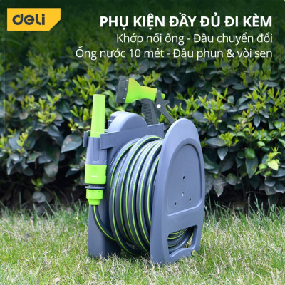 Bộ vòi nước tưới cây, rửa xe đa năng Deli dây dài 10m - Tặng kèm bộ phụ kiện đầu nối đa năng