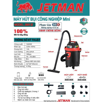 Máy Hút Bụi Cầm Tay JETMAN 12L, Máy Hút Bụi Công Nghiệp 1600W, Hút Bụi Cầm Tay 100% Dây Đồng, Bảo Hành 1 Năm